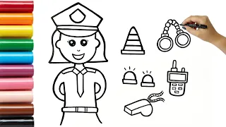 Drawing and Coloring a Police Officer with Accessories 👮🏻‍♀️🌈⭐️ | Drawing for kids and toddlers
