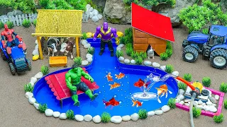 DIY Farm Diorama with SUPERHERO Pool, house for cow, animals, how to make cow shed,mini water pump