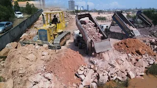 New Episode Updated Wonderful Big Filling Stone Unloading Project By Komatsu D58E Dozer And Dump,,