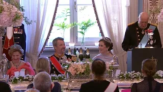 King Harald of Norway pays tribute to danish king and queen as he hosts them to a gala dinner.