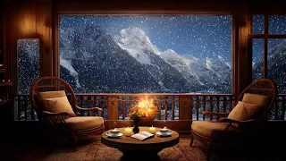 Winter Snowfall at Cozy Balcony Mountain View ❄️ Crackling Fire Sounds & Soft Jazz  Music