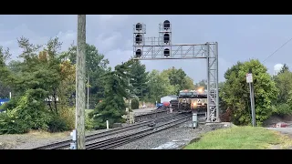 BIG Trains Working Hard Up A Long Hill With Manned Locomotive Shoving!  Trains Passing & 2nd Giant!