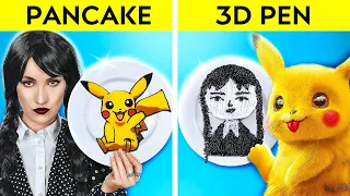 FANTASTIC 3D PEN VS PANCAKE ART CHALLENGE || Wednesday Addams vs Pokemon! Who's Better by 123 GO!