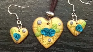 Steampunk Style Heart & Rose Clay Jewelry Set. Necklace & Earrings Tutorial. #clayjewellery