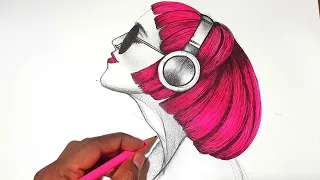 how to draw women Pink hair - step by step  drawing tutorial