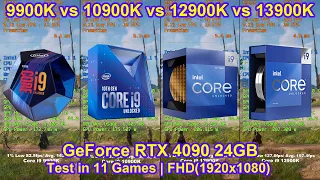 Intel 9900K vs 10900K vs 12900K vs 13900K + RTX 4090 - Test in 11 Games | FHD(1920x1080)