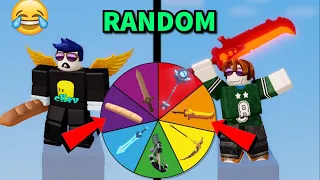 The wheel chooses our WEAPONS.. lol (Roblox Bedwars)