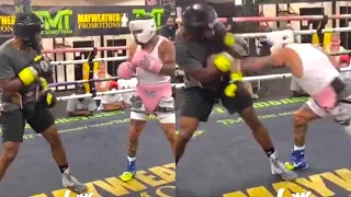 TANK DAVIS HITTING THE BODY LIKE A MEXICAN IN SPARRING WHILE FLOYD MAYWEATHER WATCHES & APPROVES