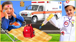 Kid DOCTOR saves brother with ToY medical kit and power wheels AMBULANCE rescue vehicle| Super Krew