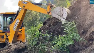 Mountain Villagers, Vehicles and Landslide Blocked Road with JCB Backhoe