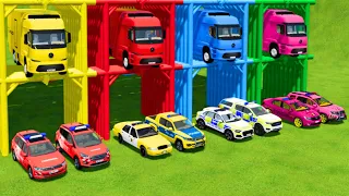 TRANSPORTING ALL POLICE CARS and AMBULANCE EMERGENCY VEHICLES WITH MERCEDES ELECTRIC TRUCKS ! FS22