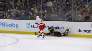 Charlie McAvoy tripped by Jesper Fast, while Patrice Bergeron got clipped by Ian Cole's stick