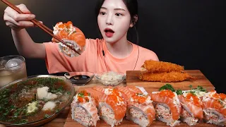 SUB)살얼음 동동 냉모밀에 대왕 연어롤 먹방!🍣🍤 새우튀김까지 꿀조합 리얼사운드 Salmon Roll & Deep-fried Prawn Mukbang ASMR