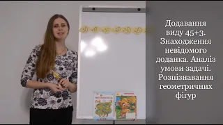 Додавання виду 45+3. Знаходження невідомого доданка. Аналіз умови задачі. Розпізнавання фігур.