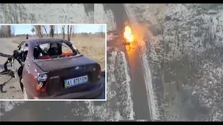 Drone footage of attack on Russian AVF by Ukrainian anti-tank missile; Russian tank blows up a car