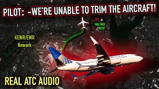 TRIM FAILURE After Takeoff. United Boeing 737. Newark Airport. REAL ATC