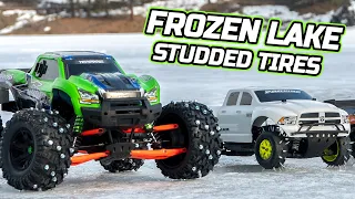 Xmaxx 8S and Slash 4S on Frozen Lake with Studded Tires