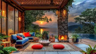 Cozy Coffee Porch Ambience ☕ Beautiful Sunset with Relaxing Jazz Music - Warm Fireplace Sounds