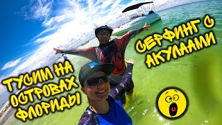 СЕРФИНГ С АКУЛАМИ НА ОСТРОВАХ ФЛОРИДЫ 🏄‍♂️ Катаемся на катере по побережью США 🚤 Сидим в Тики Баре 🌴