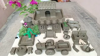 DIY how to make miniature clay house | cow shed, mini hand pump, kitchen set, water well, village