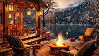 Cozy Winter Porch Ambience ⛄ Smooth Jazz Background Music with Snowfall & Fireplace for Relax, Work