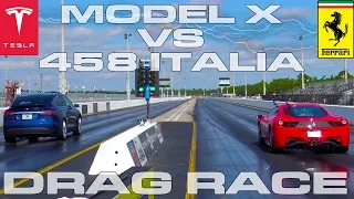 Tesla Model X P90D Ludicrous vs Ferrari 458 Italia 1/4 Mile Drag Race
