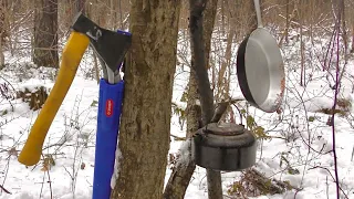 Hiking in the Forest in Winter. Cook Forest tea and Pizza at the Stake