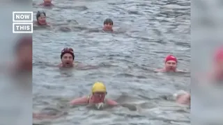 Swimmers Compete in Prague's Icy River #Shorts
