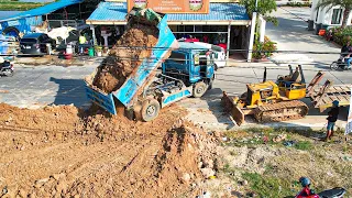 Starting New Project Mini Dozer Pushing Stone With and 5Tone Dump Truck Unloading stone