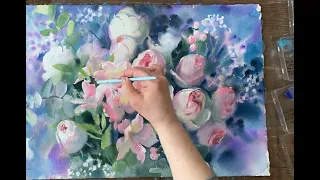 Три этюда букета роз. Акварели Елены Базановой (2023)