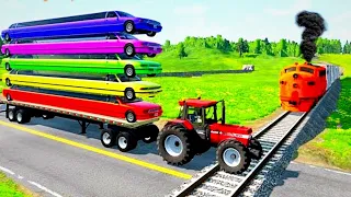 Double flatbed trailer truck Vs Speedbumps - Train vs Case Tractor Transporting - BeamNG.drive #160