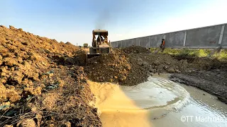 Incredible Powerful Old Bulldozer Pushing Rock Building New Village Road Foundation Processing