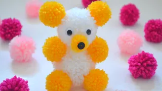 DIY teddy with pompom | Teddy with yarn | Easy Teddy | Pompom crafts | Yarn Crafts | Teddy making