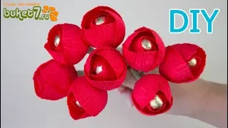 Красные тюльпаны из гофрированной бумаги с конфетой Мастер-Класс ☆ Red crepe paper tulips with candy