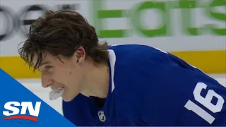 Jacob Trouba Hits Mitch Marner In The Ear With Puck