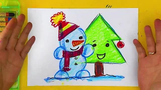 Снеговик и Ёлочка для девочки - Урок рисования масляной пастелью