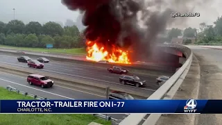 Massive tractor-trailer fire shuts down I-77 near Uptown Charlotte