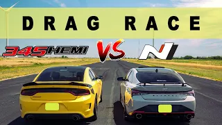 2022 Elantra N DCT vs Dodge Charger Hemi 5.7 Daytona, closer than expected. Drag and Roll Race.