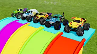 5 MONSTER TRUCK VS GIANT COLOR WATER SLIDE AND LAVE  001