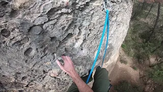 Margalef climbing at Can Pesaficues, Route Ulls 6c+ (8-)