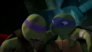 Leo, Raph, and Mikey laugh at Donnie because he is hurt by a monkey