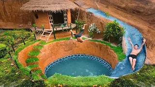 Build Swimming Pool Water Slide Around Secret Underground House (full) - Primitive Survival