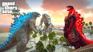 Godzilla vs Shin Godzilla and Mechagodzilla Team Fight - GTA V Mods Gameplay