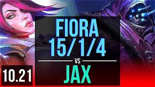 FIORA vs JAX (TOP) | 15/1/4, 9 solo kills, Legendary, Rank 7 Fiora | KR Challenger | v10.21