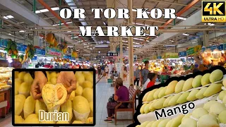 4k various tropical fruits and thai food at or tor kor market in bangkok, thailand