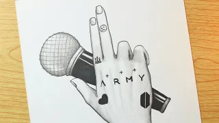 BTS army hand drawing with mic || BTS pencil sketch idea || Kpop drawing easy