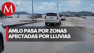 AMLO cruza puente inundado entre Guaymas y Empalme durante gira en Sonora