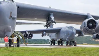 Jump Starting Enormous US B-52 One by One Before Smoky Take-off