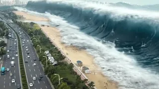 The tsunami floods the town, and the giant crocodile escapes into the water to hunt!