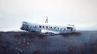 Watercolor painting the Abandoned DC Plane on Sólheimasandur